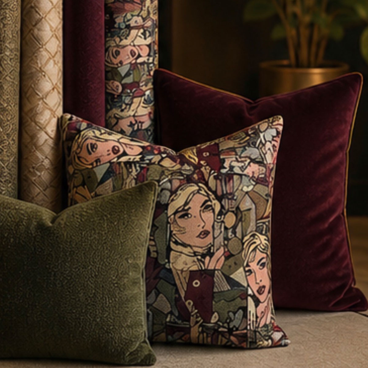 Decorative pillows in velvet and patterned upholstery fabrics